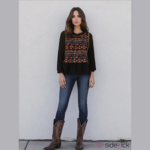 Savanna Jane Austin Embroidered Aztec Top Women’s Size Small Black Orange